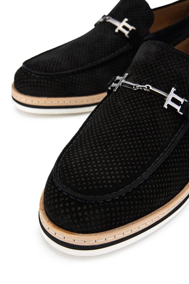  Tamer Tanca Erkek Hakiki Deri Siyah Süet Loafer Ayakkabı