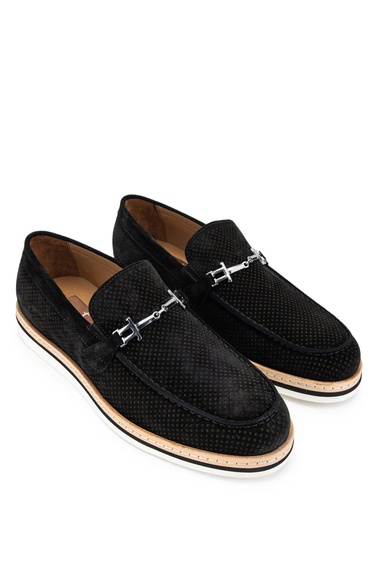  Tamer Tanca Erkek Hakiki Deri Siyah Süet Loafer Ayakkabı