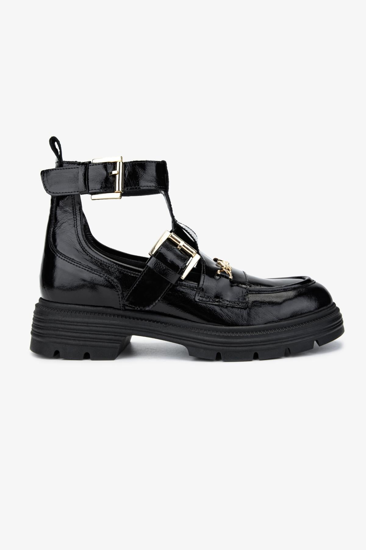  Valmenti Kadın Hakiki Deri Siyah Rugan Casual Bot