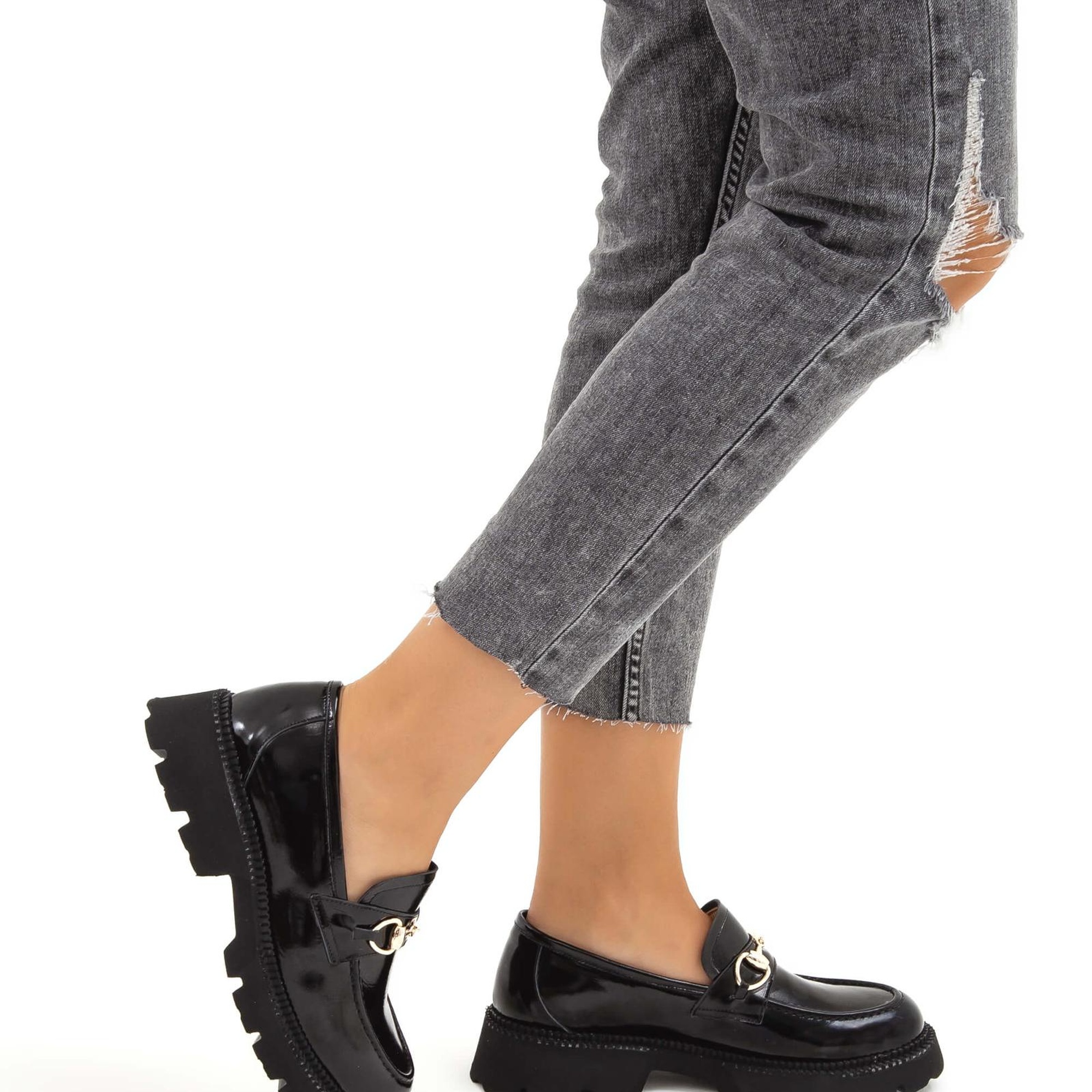 Tamer Tanca Kadın Hakiki Deri Siyah Rugan Loafer Ayakkabı