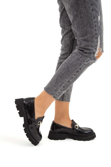  Tamer Tanca Kadın Hakiki Deri Siyah Rugan Loafer Ayakkabı