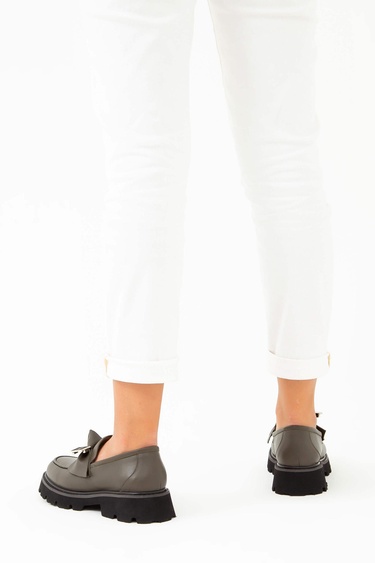  Tamer Tanca Kadın Hakiki Deri Haki Loafer Ayakkabı