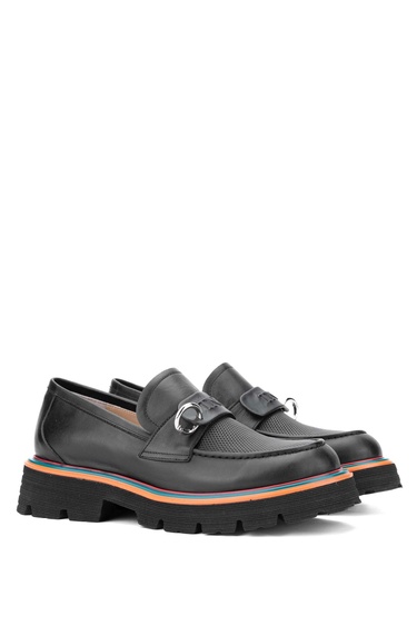  Tamer Tanca Kadın Hakiki Deri Siyah Deri Loafer Ayakkabı