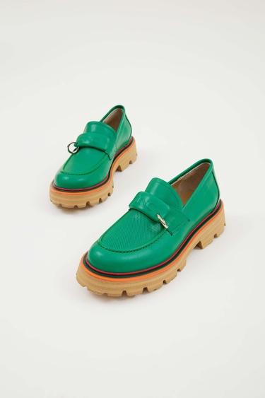  Tamer Tanca Kadın Hakiki Deri Yeşil Loafer Ayakkabı