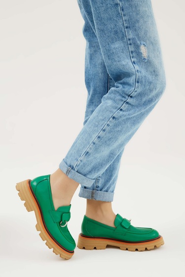  Tamer Tanca Kadın Hakiki Deri Yeşil Loafer Ayakkabı