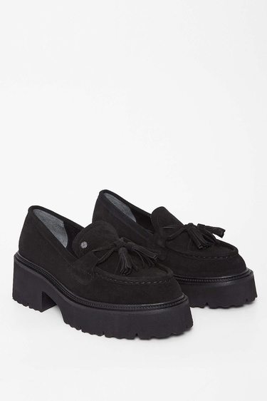  Tamer Tanca Kadın Hakiki Deri Siyah Süet Loafer Ayakkabı