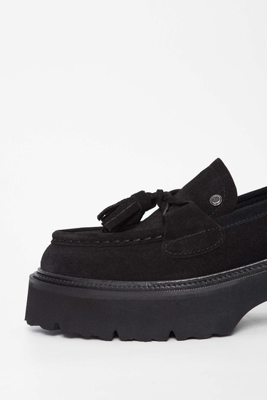  Tamer Tanca Kadın Hakiki Deri Siyah Süet Loafer Ayakkabı