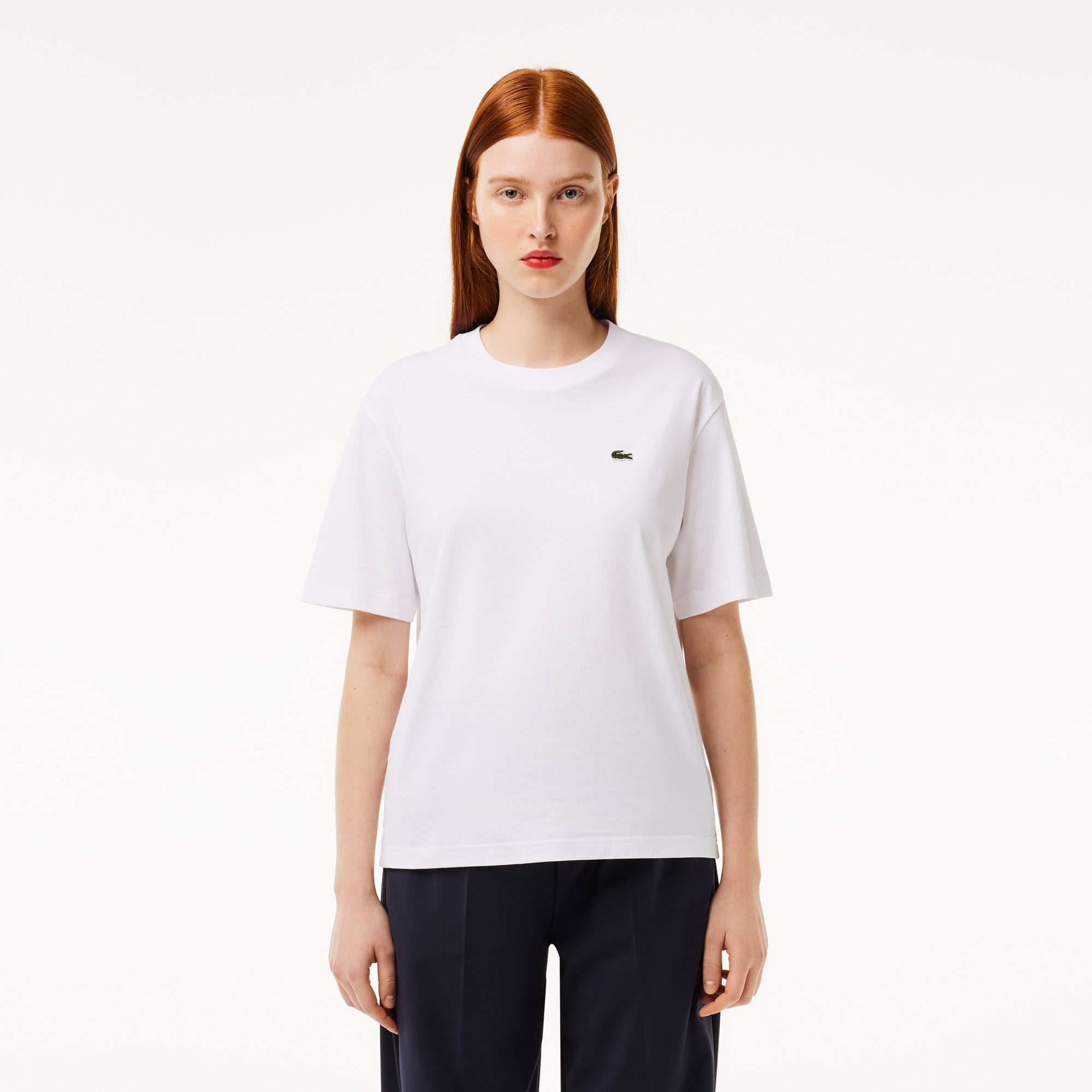Lacoste Kadın Relaxed Fit Bisiklet Yaka Beyaz T-Shirt
