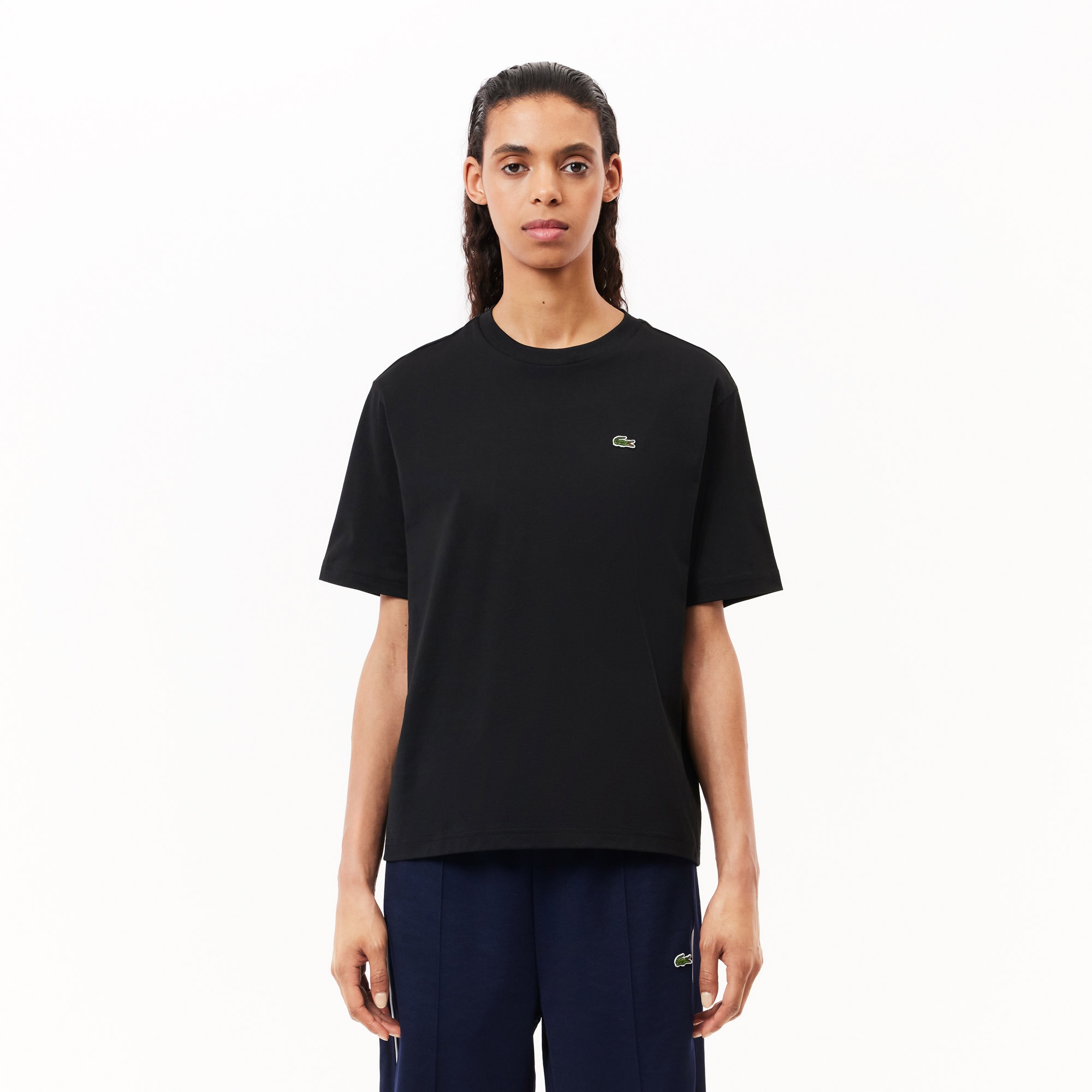 Lacoste Kadın Relaxed Fit Bisiklet Yaka Siyah T-Shirt
