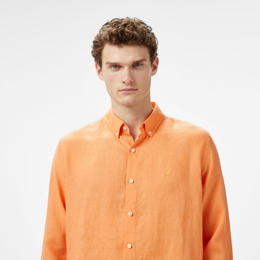  Nautica Erkek Turuncu Slim Fit Uzun Kollu Keten Gömlek