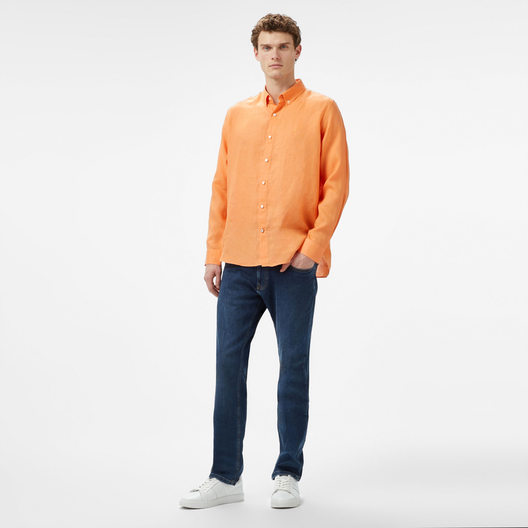 Nautica Erkek Turuncu Slim Fit Uzun Kollu Keten Gömlek