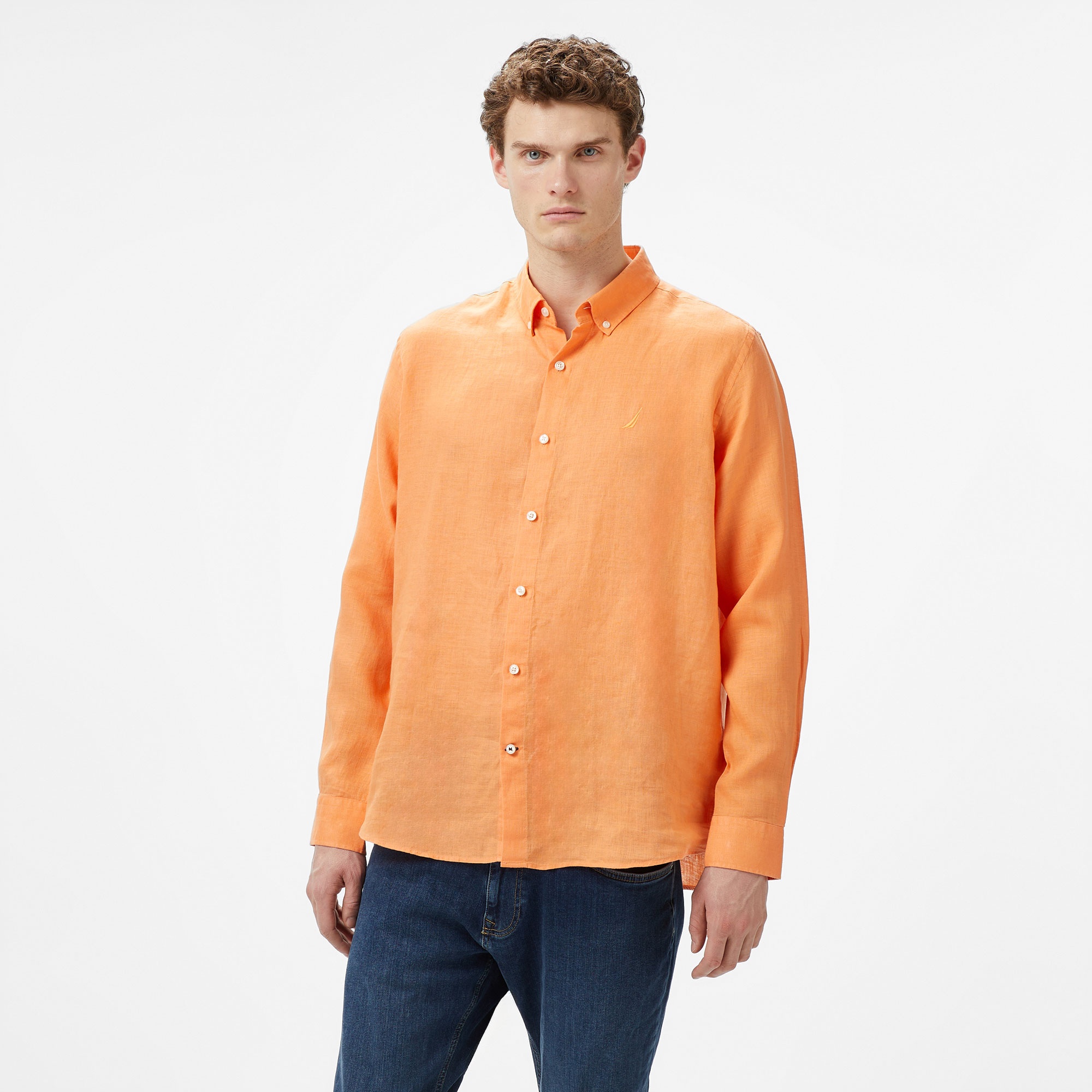 Nautica Erkek Turuncu Slim Fit Uzun Kollu Keten Gömlek