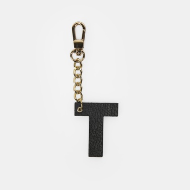  T Harfi Siyah Hakiki Deri Charm Anahtarlık