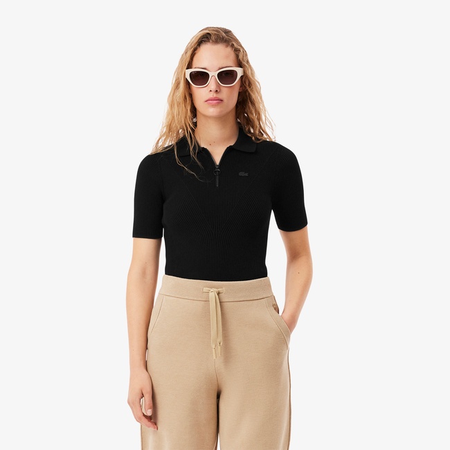  Lacoste Kadın Slim Fit Kısa Kollu Yarım Fermuarlı Siyah Triko