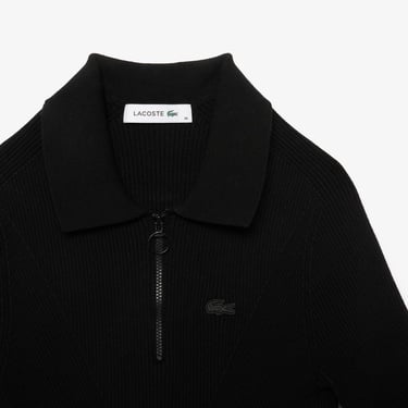  Lacoste Kadın Slim Fit Kısa Kollu Yarım Fermuarlı Siyah Triko