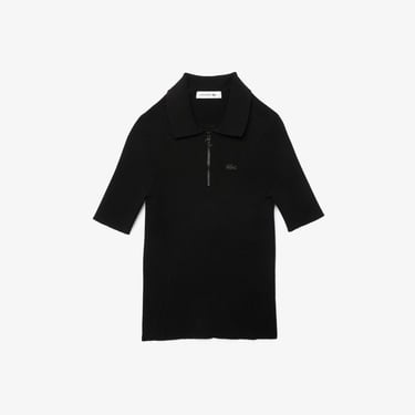  Lacoste Kadın Slim Fit Kısa Kollu Yarım Fermuarlı Siyah Triko