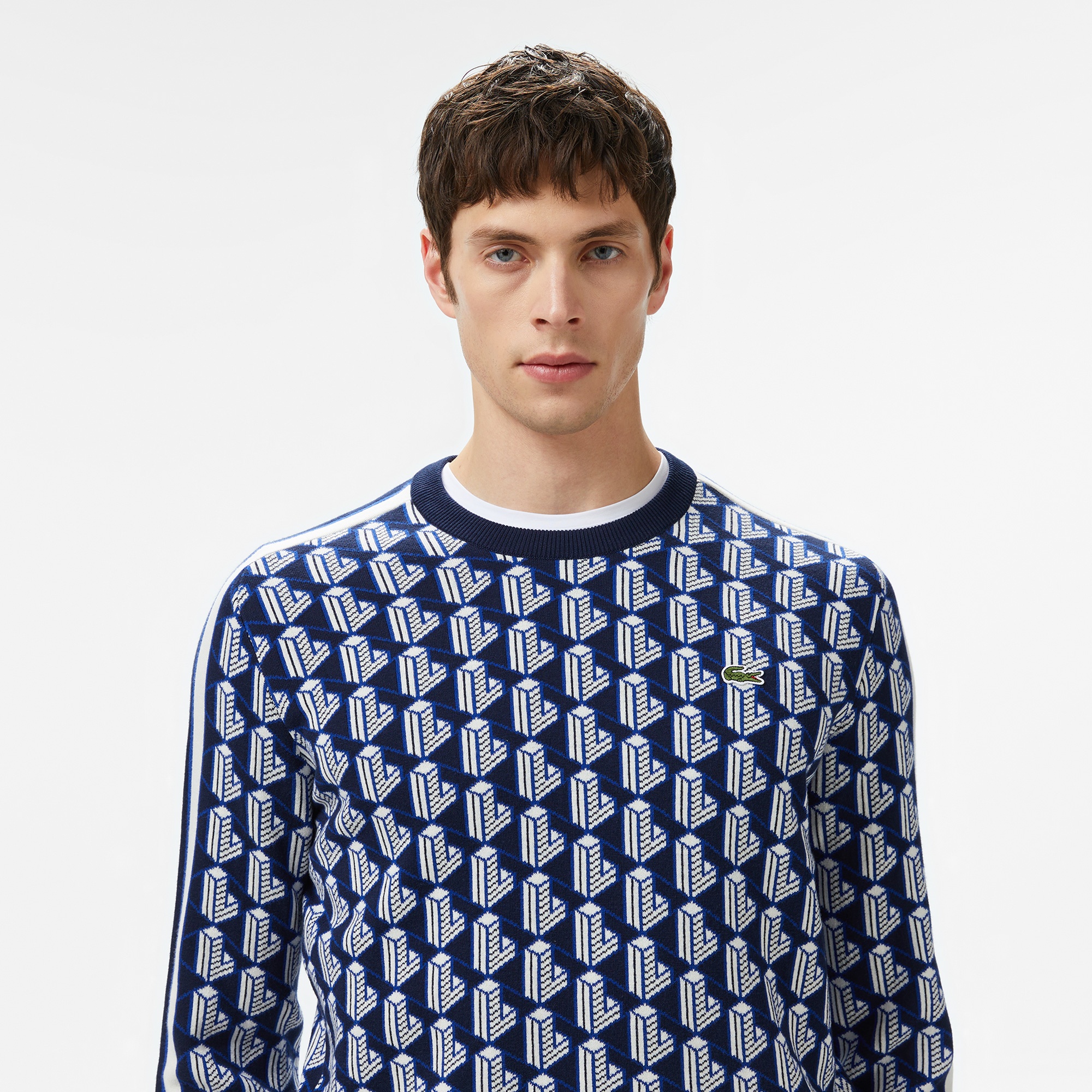 Erkek Classic Fit Bisiklet Yaka Monogram Lacivert Kazak