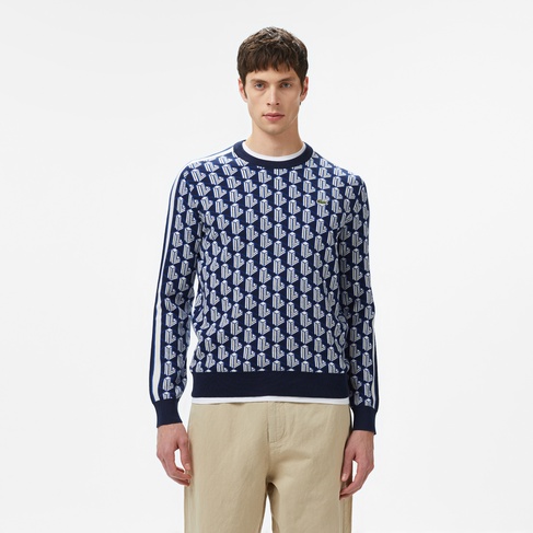  Erkek Classic Fit Bisiklet Yaka Monogram Lacivert Kazak