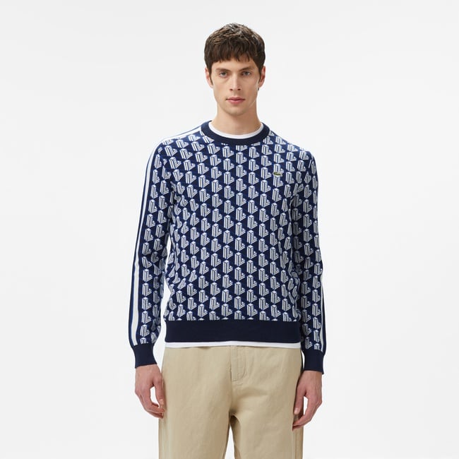  Erkek Classic Fit Bisiklet Yaka Monogram Lacivert Kazak