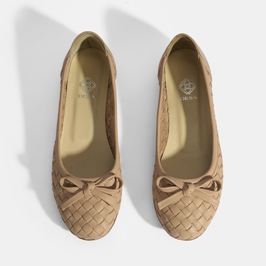  Kadın Pudra Örgü Detaylı Fiyonklu Deri Babet