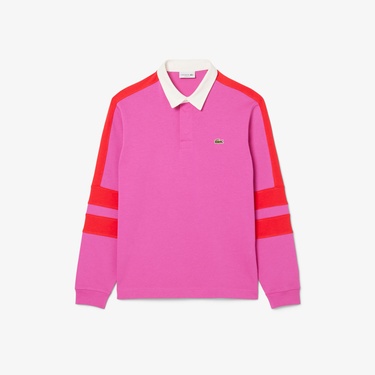  Lacoste Erkek Classic Fit Uzun Kollu Polo Yaka Renk Bloklu Pembe Rugby Polo