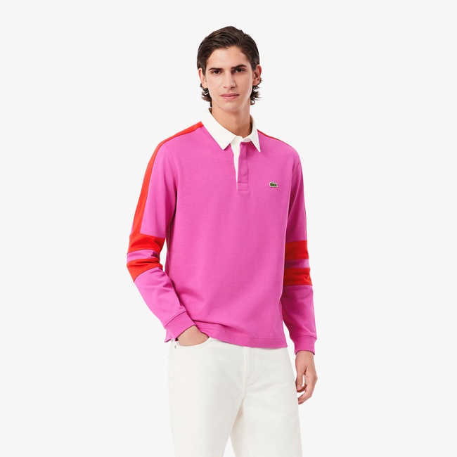  Erkek Classic Fit Uzun Kollu Polo Yaka Renk Bloklu Pembe Rugby Polo