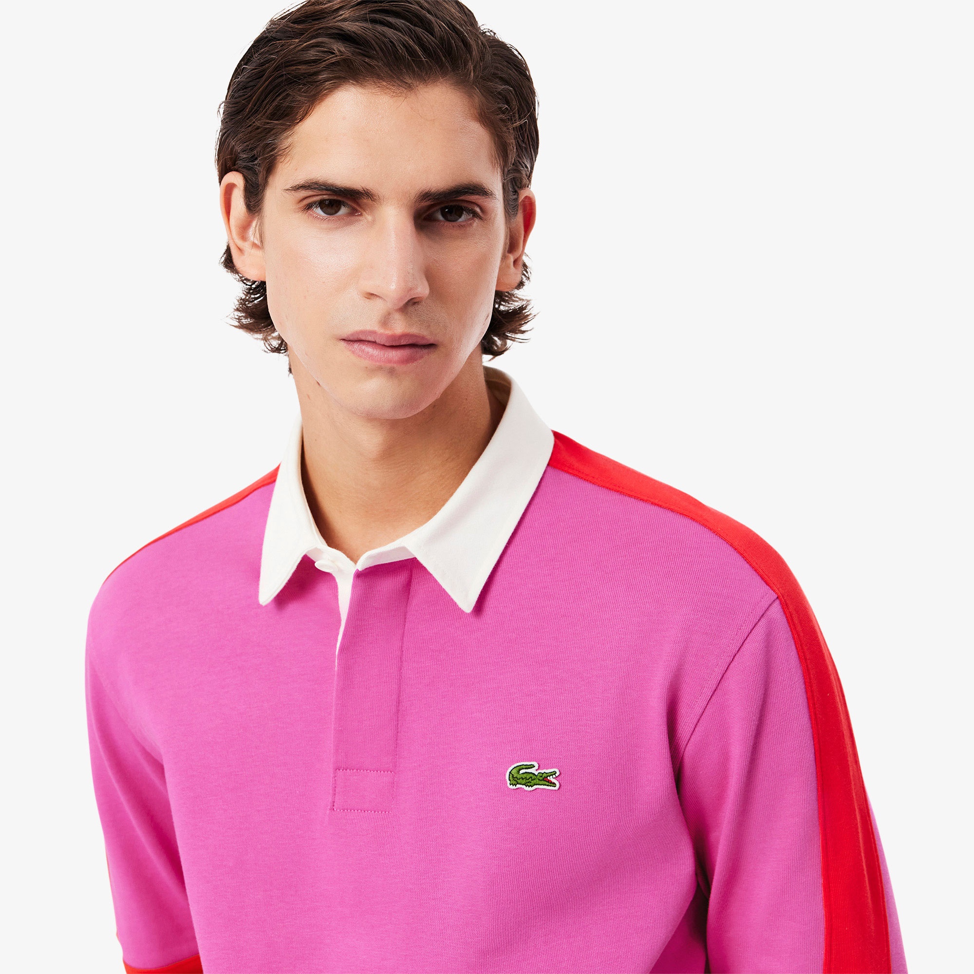Lacoste Erkek Classic Fit Uzun Kollu Polo Yaka Renk Bloklu Pembe Rugby Polo
