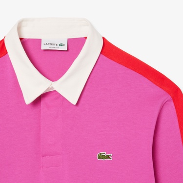  Lacoste Erkek Classic Fit Uzun Kollu Polo Yaka Renk Bloklu Pembe Rugby Polo