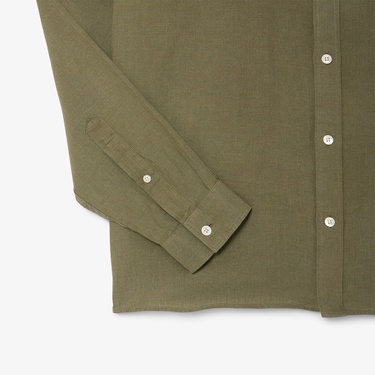  Lacoste Erkek Regular Fit Düğmeli Yaka Keten Haki Gömlek