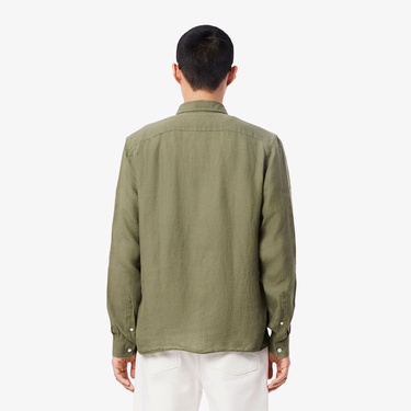  Lacoste Erkek Regular Fit Düğmeli Yaka Keten Haki Gömlek