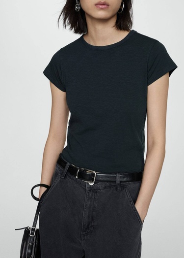  Mango Kadın Kısa Kollu Pamuklu Tişört Siyah