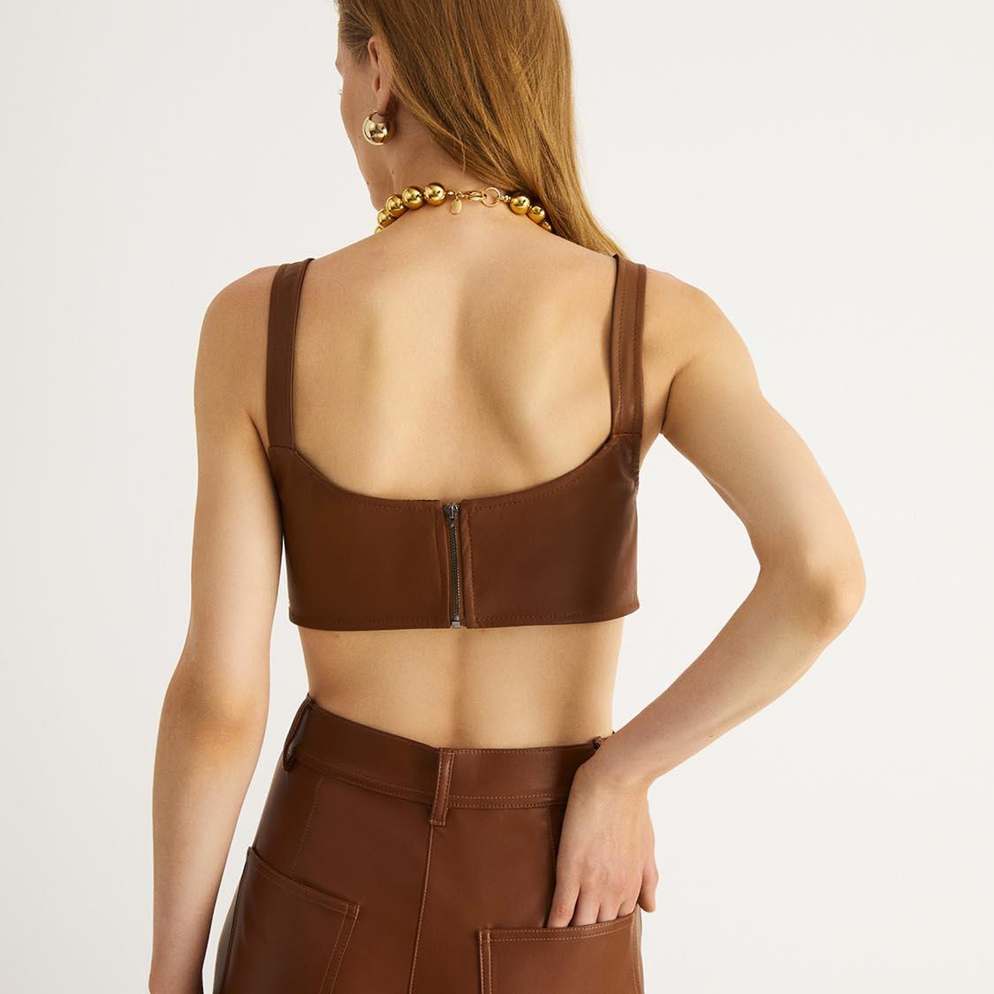 Kalp Yaka Suni Deri Crop Top