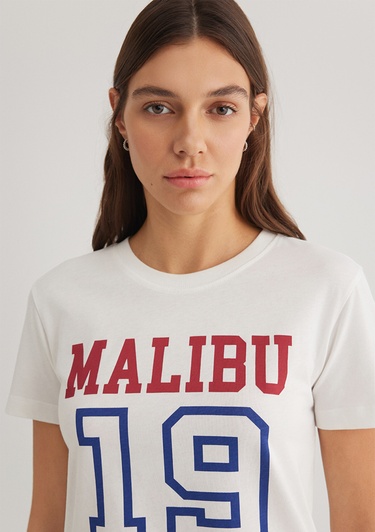  Mavi Malibu Baskılı Ekru Tişört Slim Fit / Dar Kesim 1613083-70057