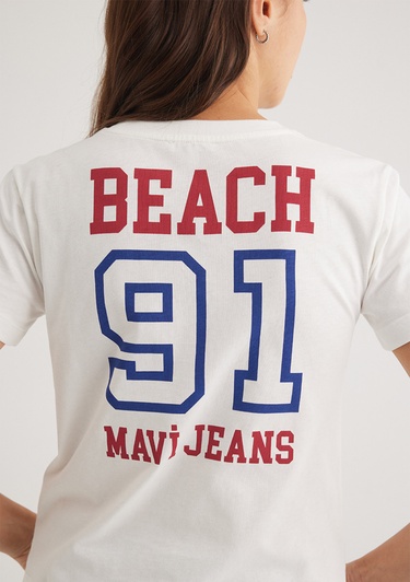  Mavi Malibu Baskılı Ekru Tişört Slim Fit / Dar Kesim 1613083-70057