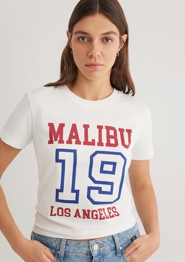  Mavi Malibu Baskılı Ekru Tişört Slim Fit / Dar Kesim 1613083-70057