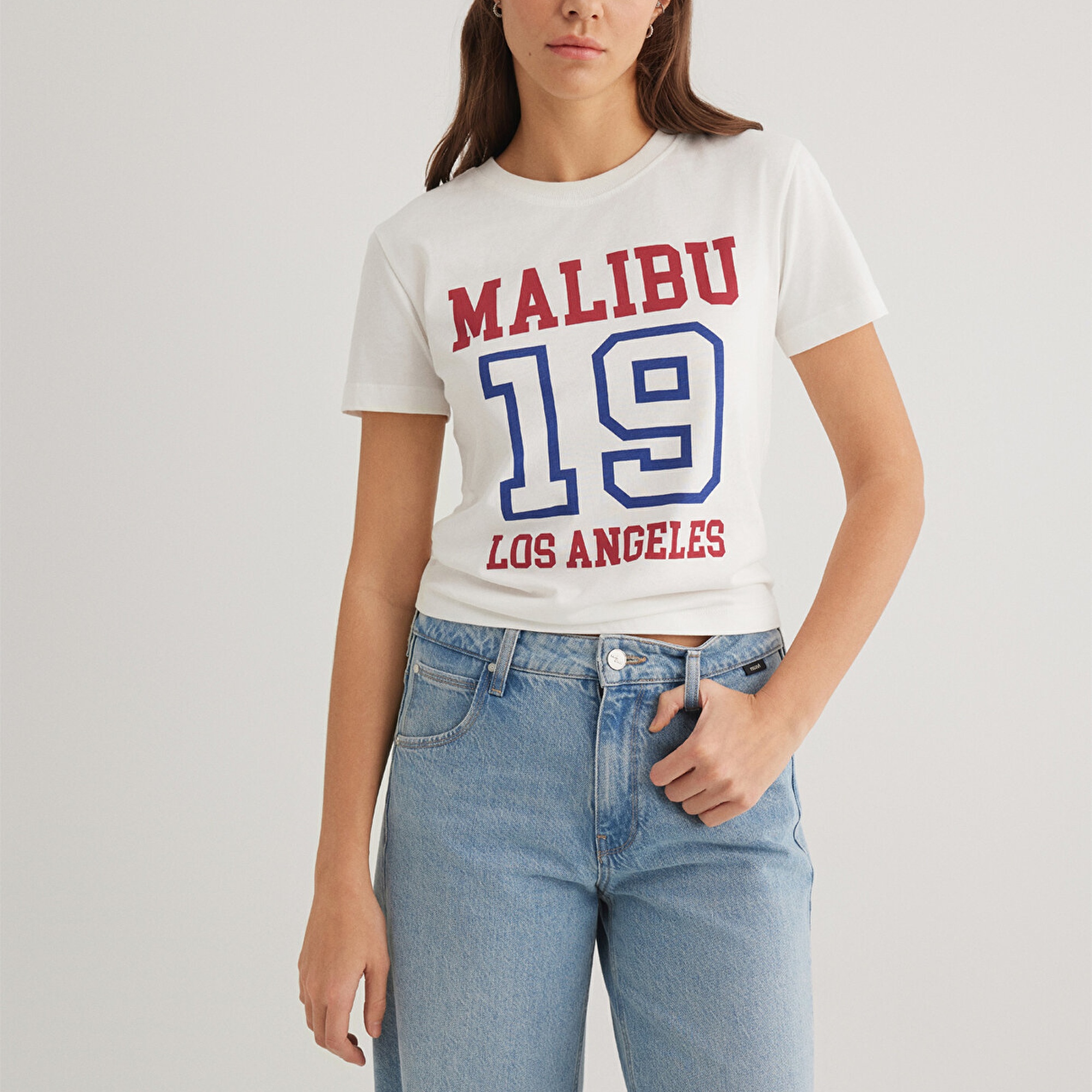 Mavi Malibu Baskılı Ekru Tişört Slim Fit / Dar Kesim 1613083-70057