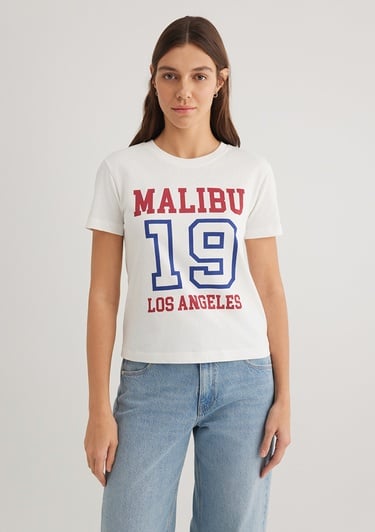  Mavi Malibu Baskılı Ekru Tişört Slim Fit / Dar Kesim 1613083-70057