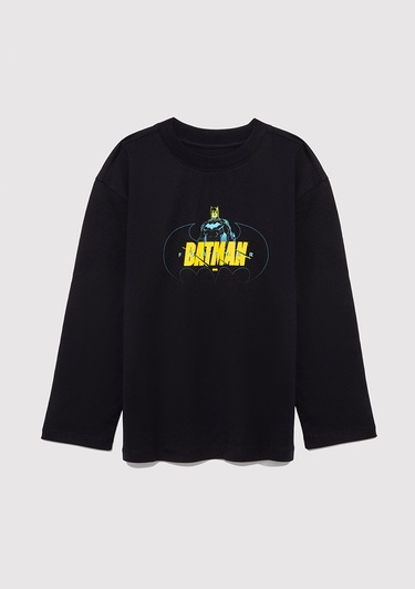  Mavi Batman Baskılı Siyah Tişört Loose Fit / Bol Rahat Kesim 6610294-900