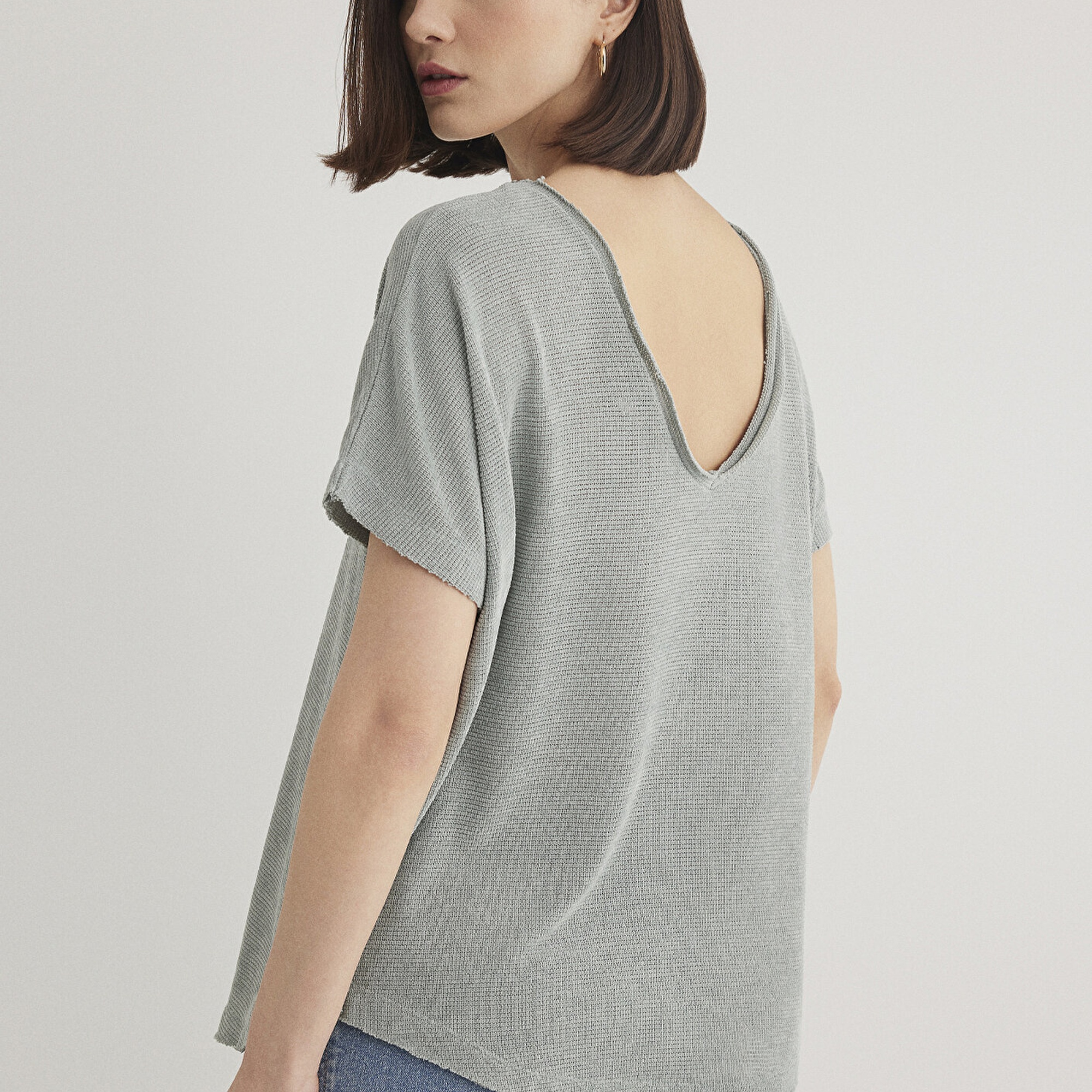 Mavi Dokulu Gri Basic Tişört Loose Fit / Bol Rahat Kesim 167311-81325