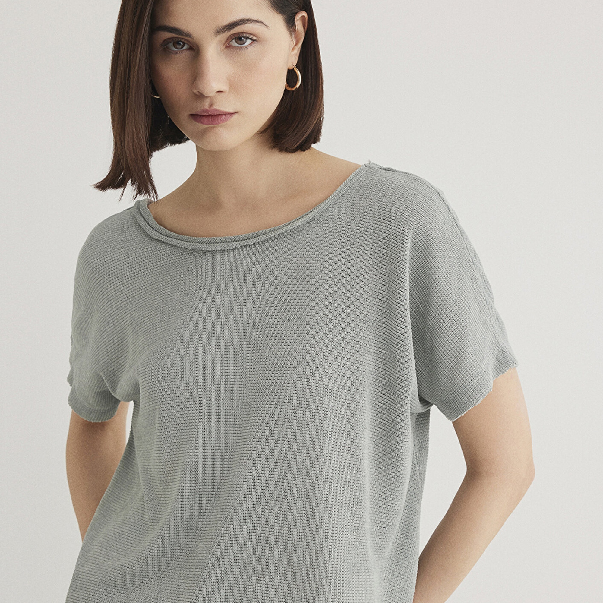 Mavi Dokulu Gri Basic Tişört Loose Fit / Bol Rahat Kesim 167311-81325