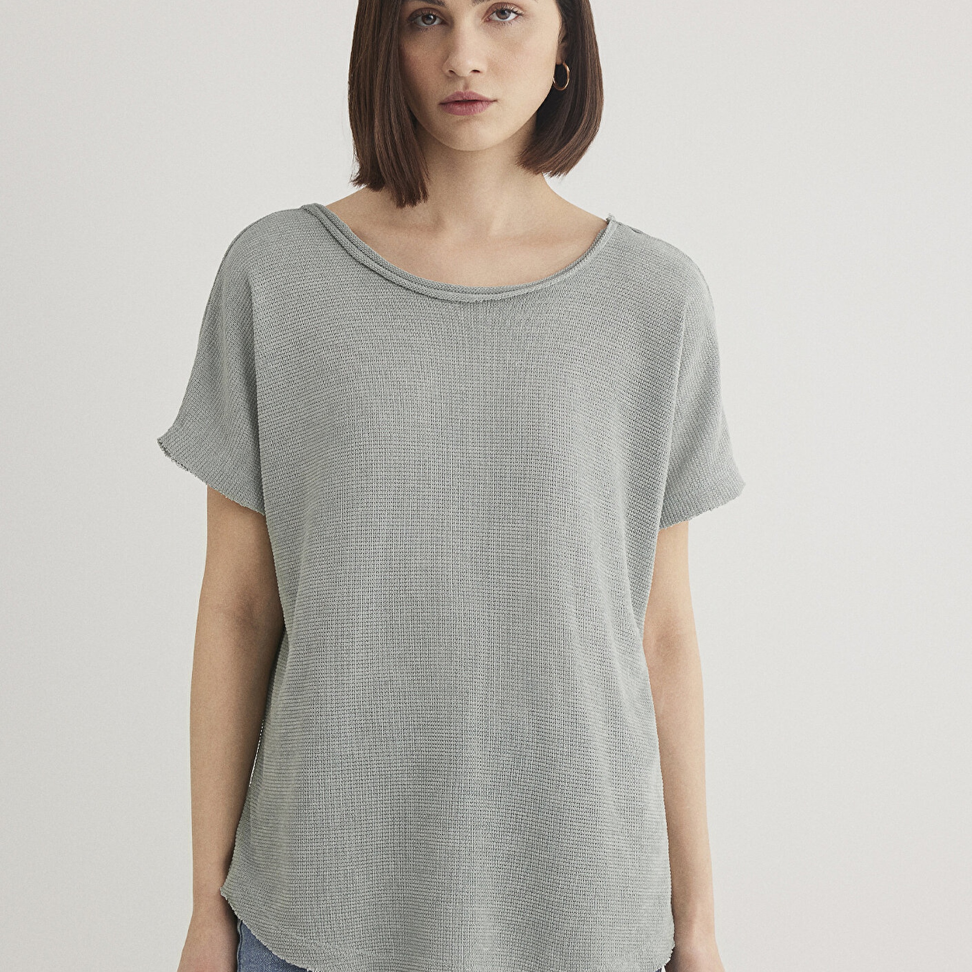 Mavi Dokulu Gri Basic Tişört Loose Fit / Bol Rahat Kesim 167311-81325