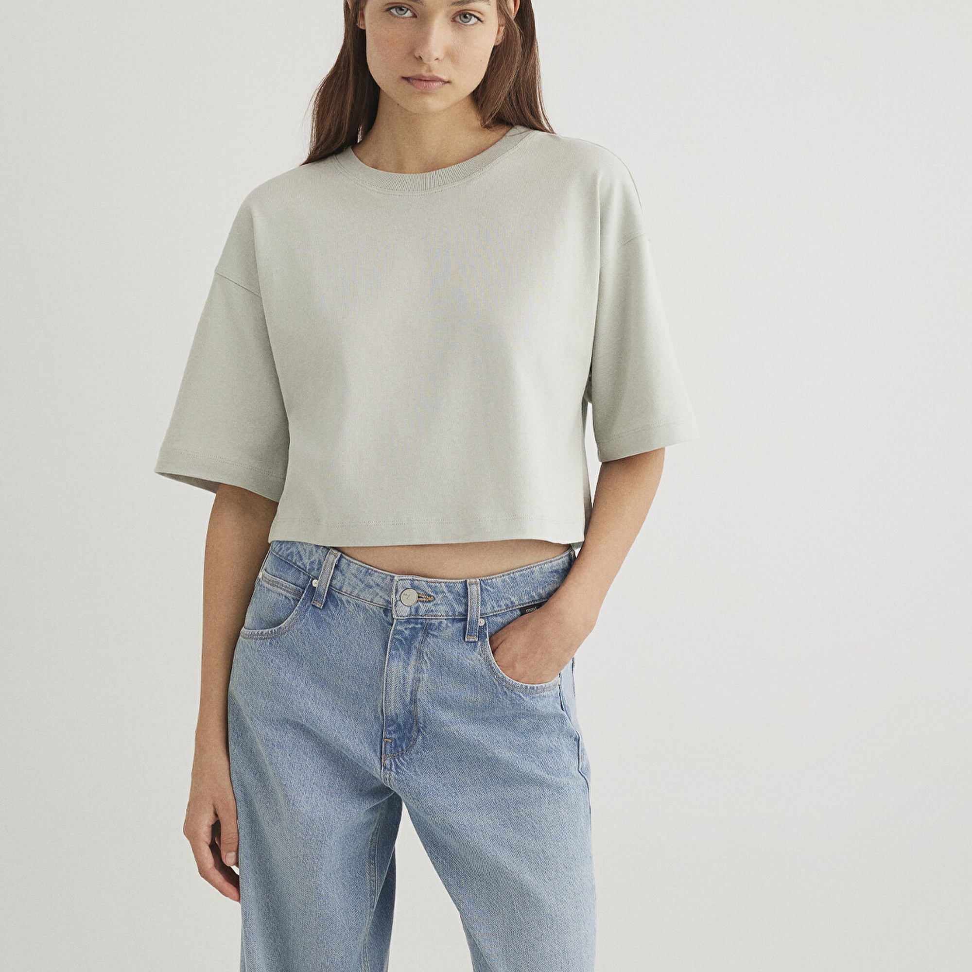 Mavi Gri Crop Basic Tişört Crop / Kısa Kesim 1612377-70082