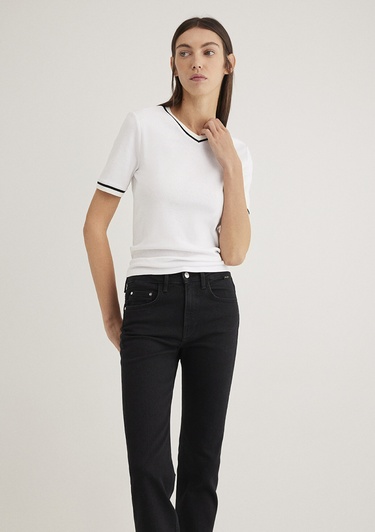  Mavi V Yaka Şerit Detaylı Beyaz Tişört Slim Fit / Dar Kesim 1612906-70057