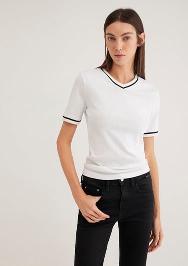  Mavi V Yaka Şerit Detaylı Beyaz Tişört Slim Fit / Dar Kesim 1612906-70057