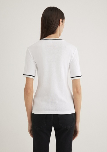  Mavi V Yaka Şerit Detaylı Beyaz Tişört Slim Fit / Dar Kesim 1612906-70057