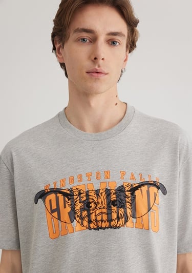  Mavi Gremlins Baskılı Gri Tişört Loose Fit / Bol Rahat Kesim 0612301-80196