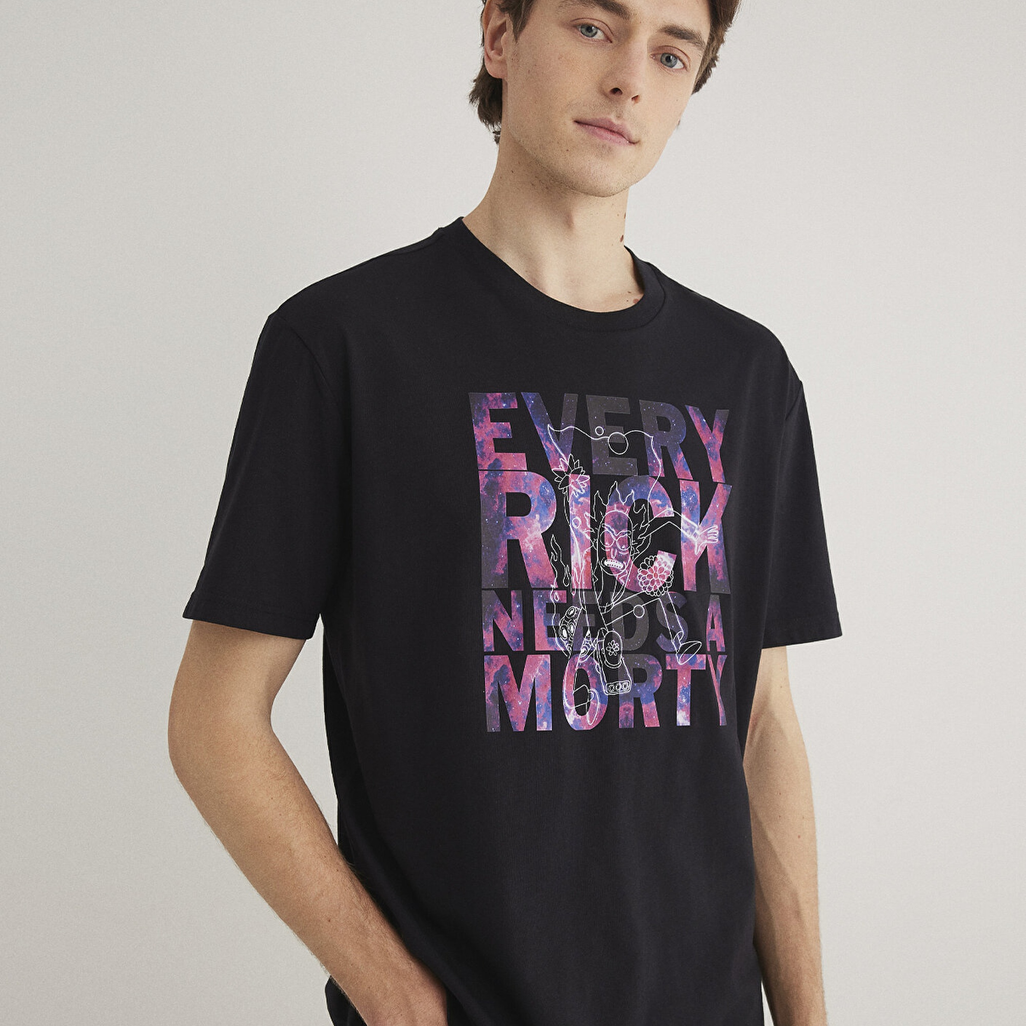 Mavi Rick and Morty Baskılı Siyah Tişört Loose Fit / Bol Rahat Kesim 0611683-900
