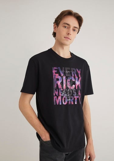  Mavi Rick and Morty Baskılı Siyah Tişört Loose Fit / Bol Rahat Kesim 0611683-900