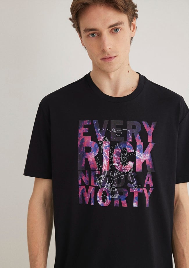  Mavi Rick and Morty Baskılı Siyah Tişört Loose Fit / Bol Rahat Kesim 0611683-900