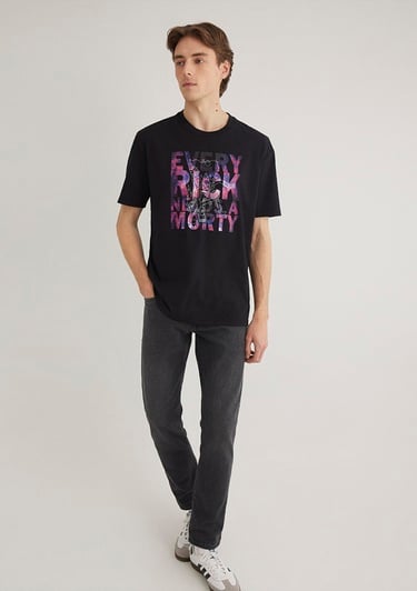  Mavi Rick and Morty Baskılı Siyah Tişört Loose Fit / Bol Rahat Kesim 0611683-900